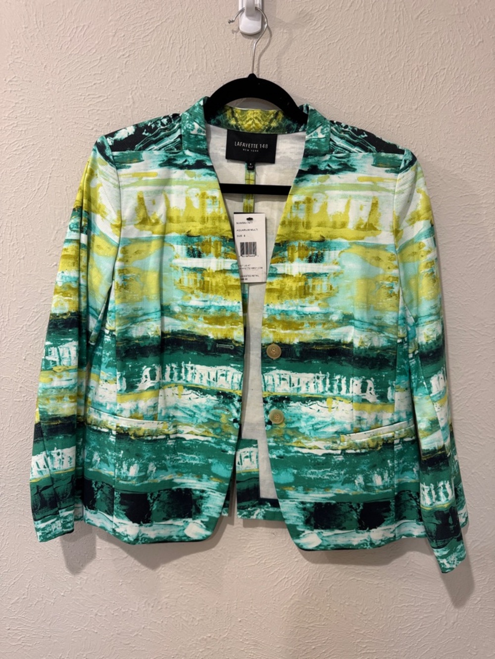 Lafayette 148 New York Turquoise and Yellow Abstract Open Blazer